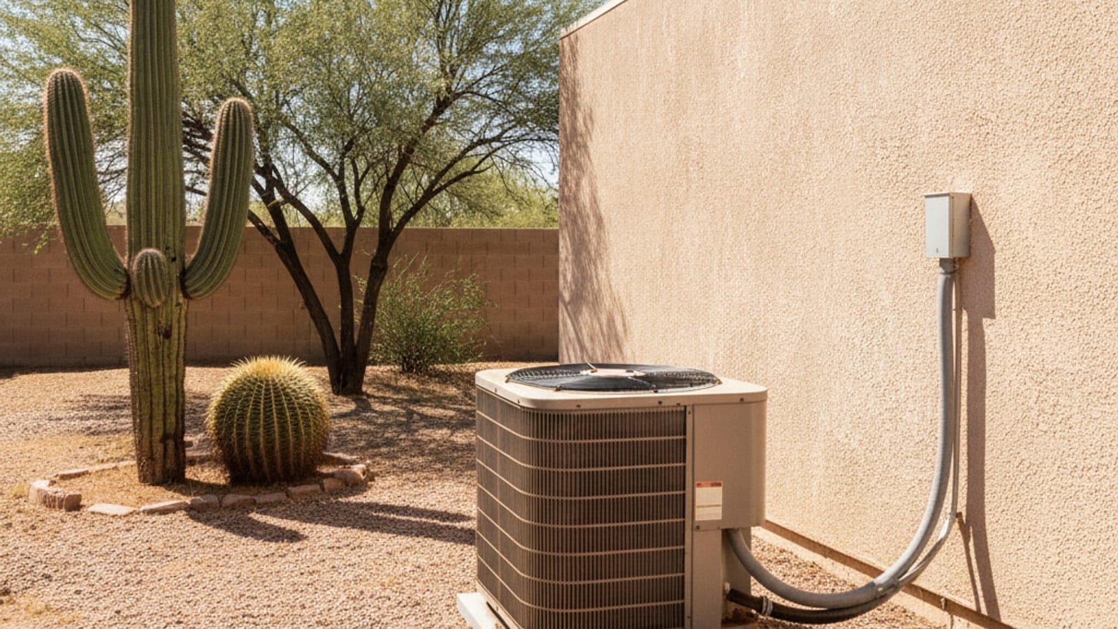 An older outdoor AC condenser with dust on the coil beside a stucco wall and a barrel cactus in bright Tucson light