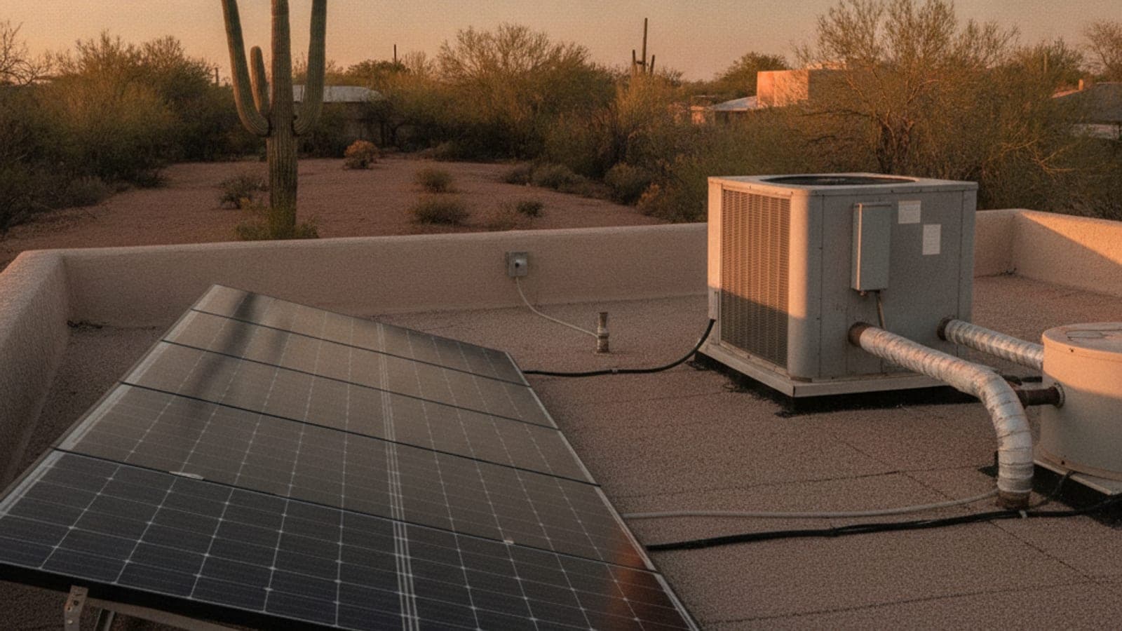 Rooftop solar panels on a flat-roofed Tucson home with a rooftop AC unit beside them under late afternoon sun