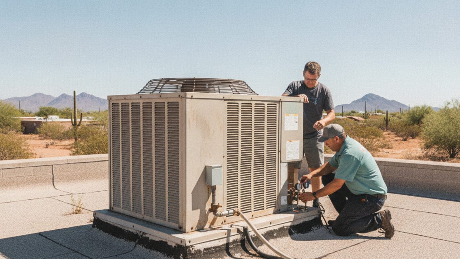Rooftop package AC unit on a flat roof of a Tucson block home under bright desert sun