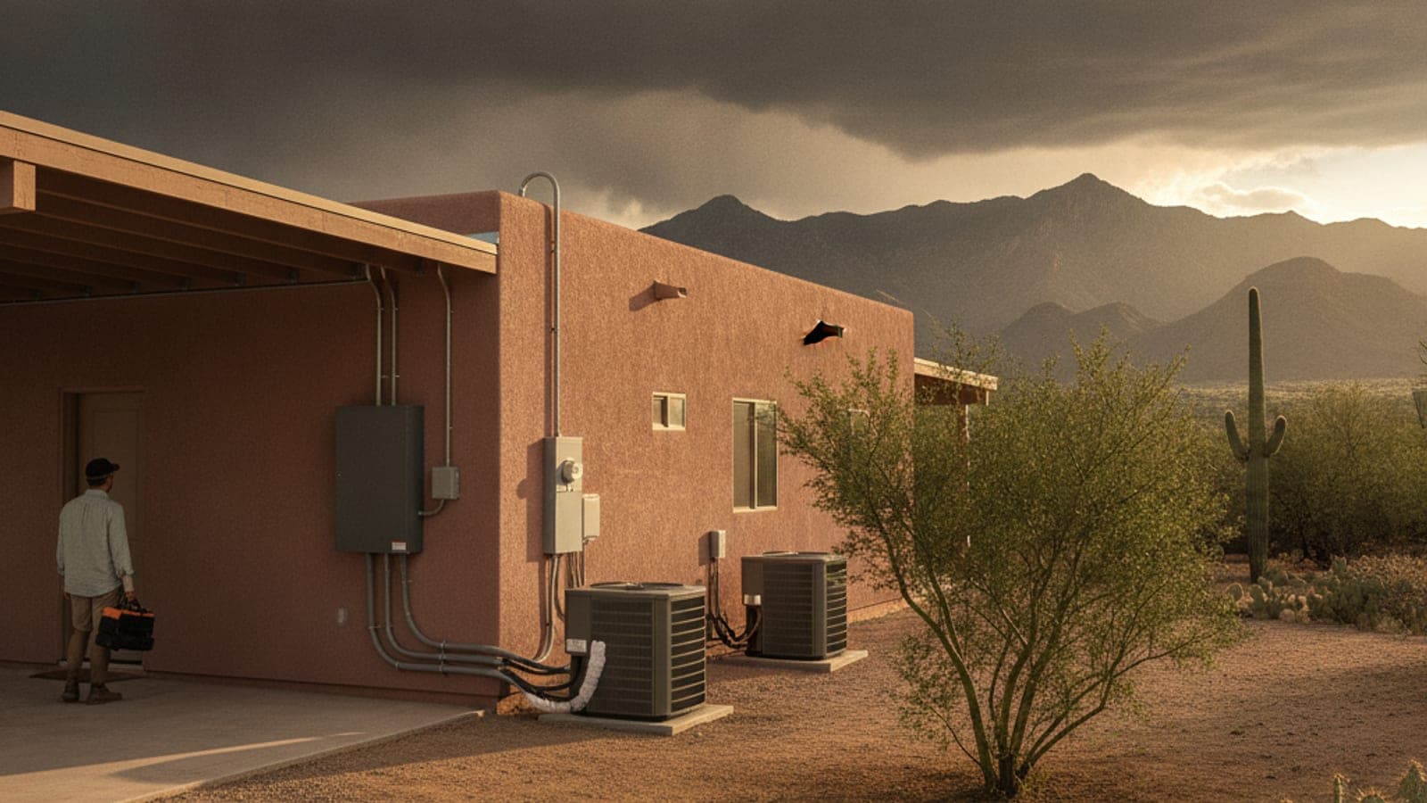 Tucson stucco home with a wall-mounted battery cabinet in a shaded garage and a rooftop condenser, saguaro and storm clouds in the sky