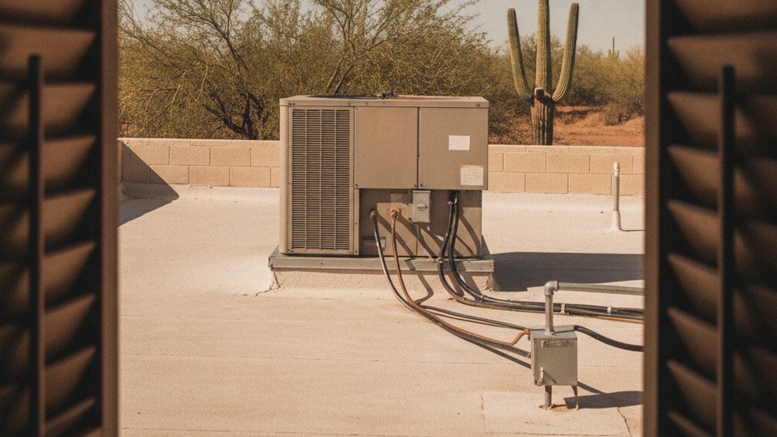 Rooftop package AC unit on a flat roof of a Tucson block home under a hard blue sky