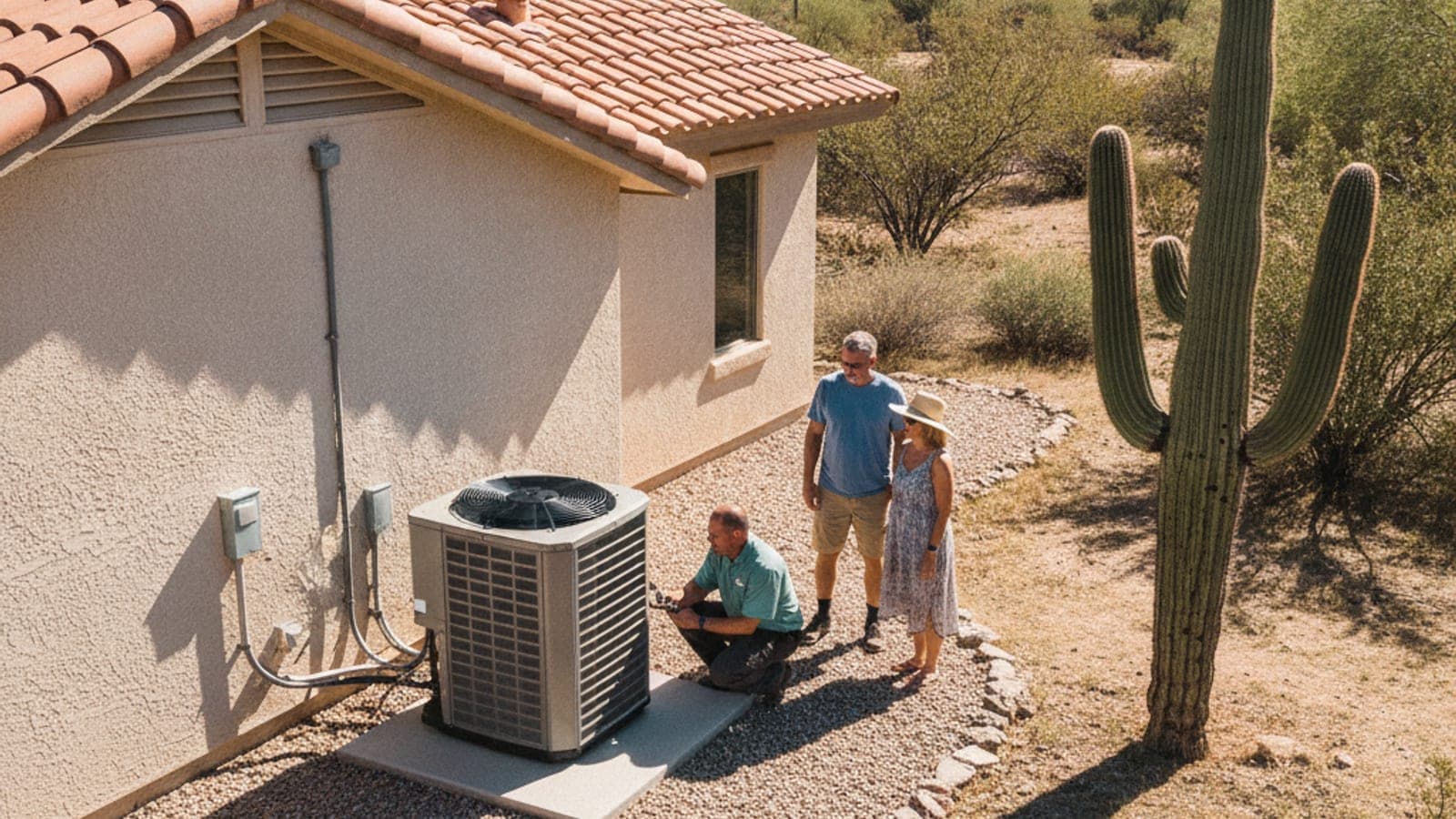 Tucson stucco home under a white-hot sky with an AC condenser on a gravel pad and a saguaro beside it