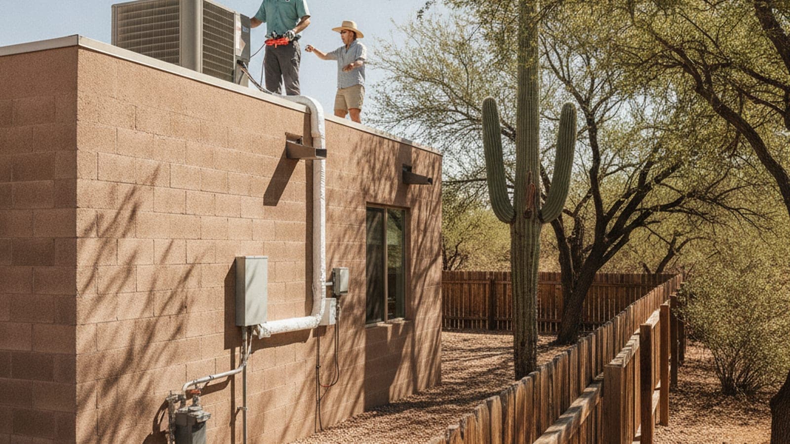 Flat-roofed block home with a rooftop package AC unit under a hot white-blue sky in the Sonoran desert