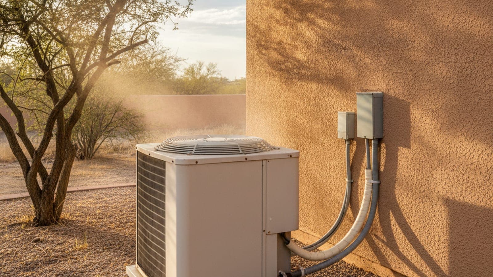 Outdoor AC condenser on a gravel pad beside a stucco wall in Tucson, shimmering afternoon heat and a mesquite tree behind