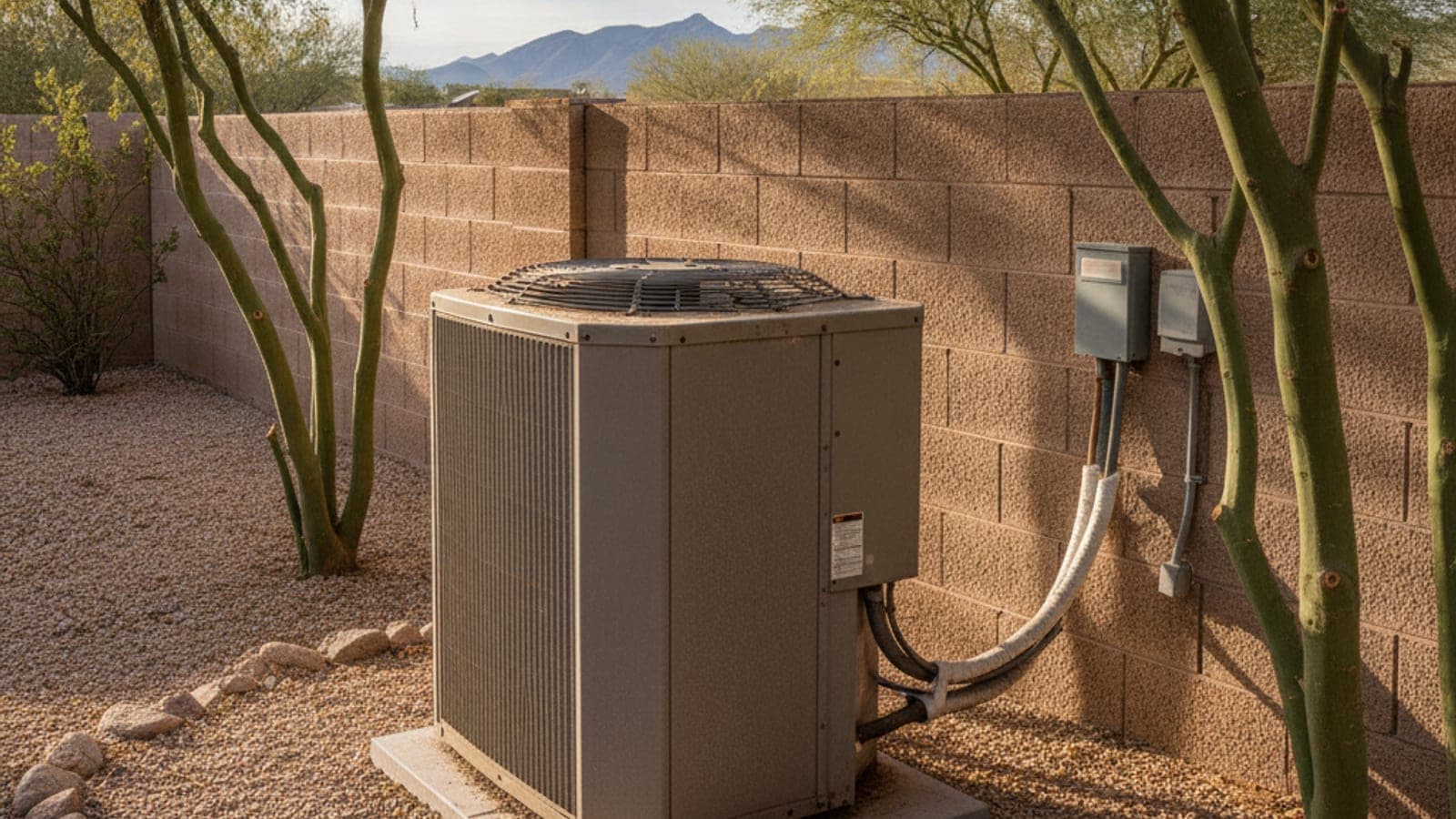 Outdoor AC condenser beside a block wall in a Tucson backyard with a palo verde tree and hard afternoon sun