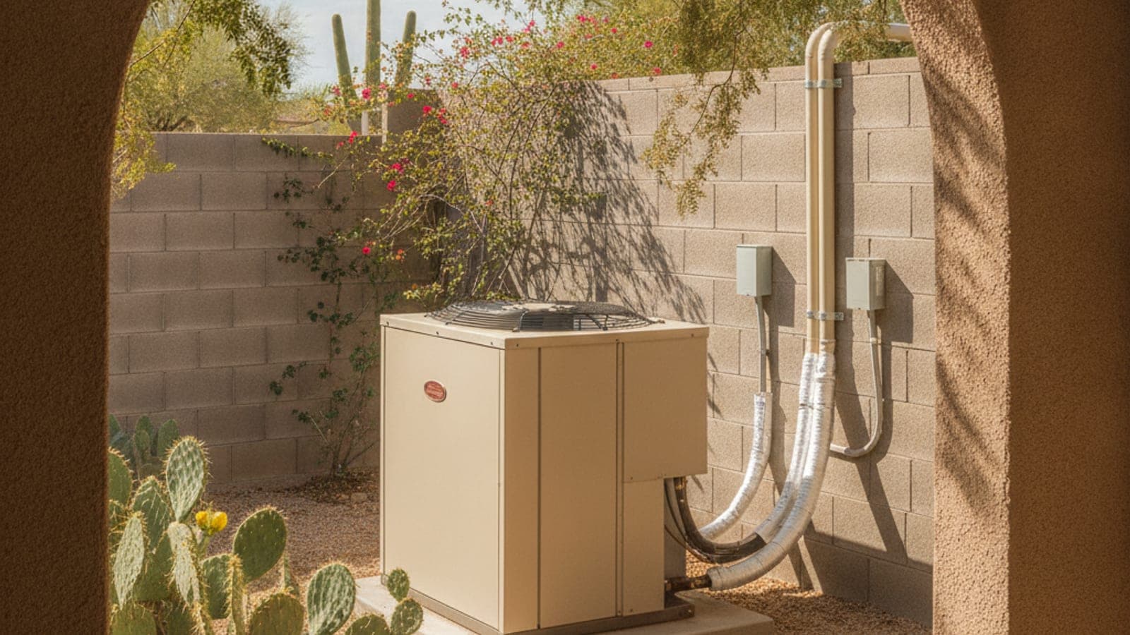 Outdoor AC condenser with open service access beside a block wall in a Tucson backyard