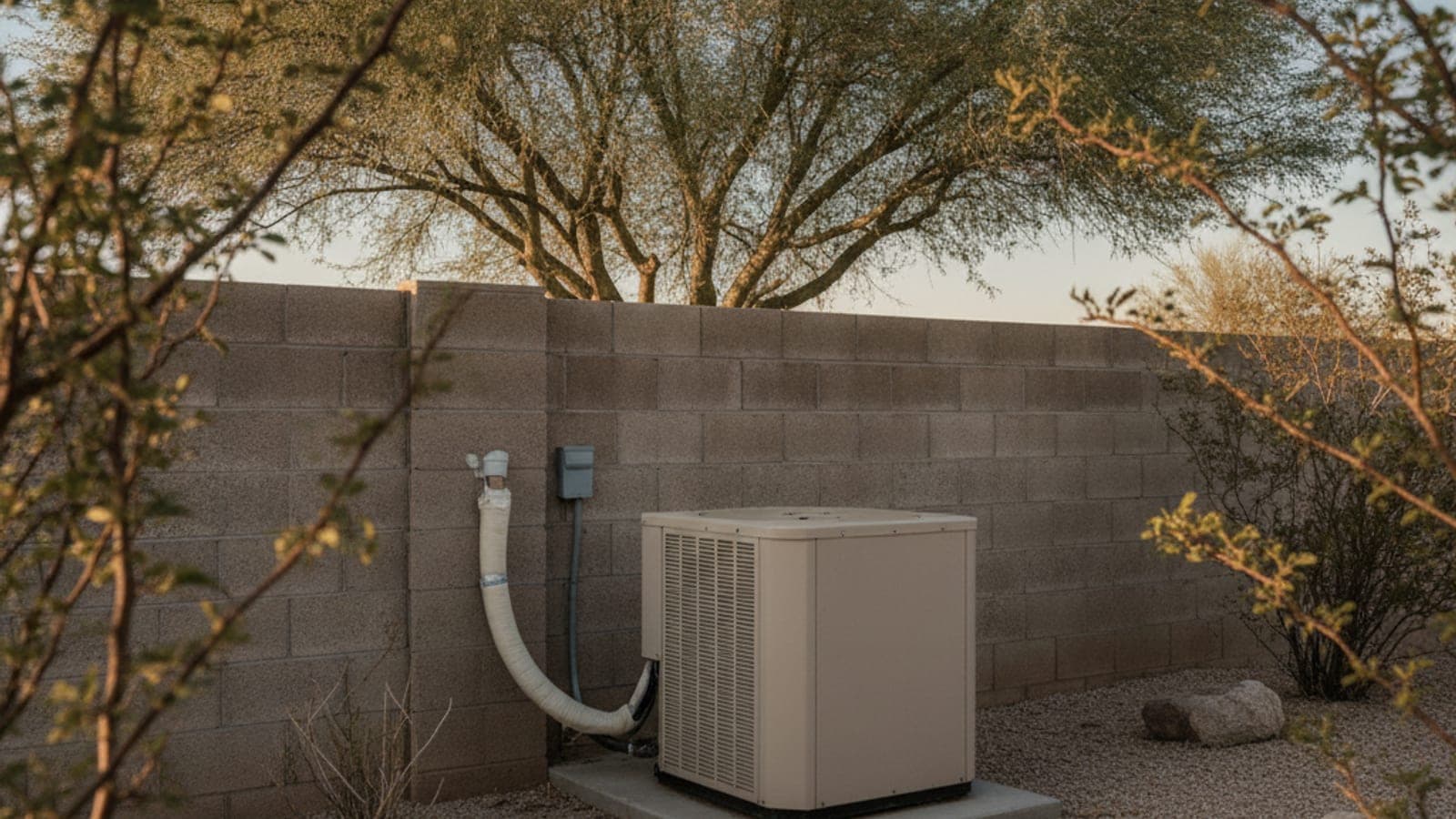 Outdoor AC condenser on a concrete pad beside a block wall and palo verde tree in Tucson
