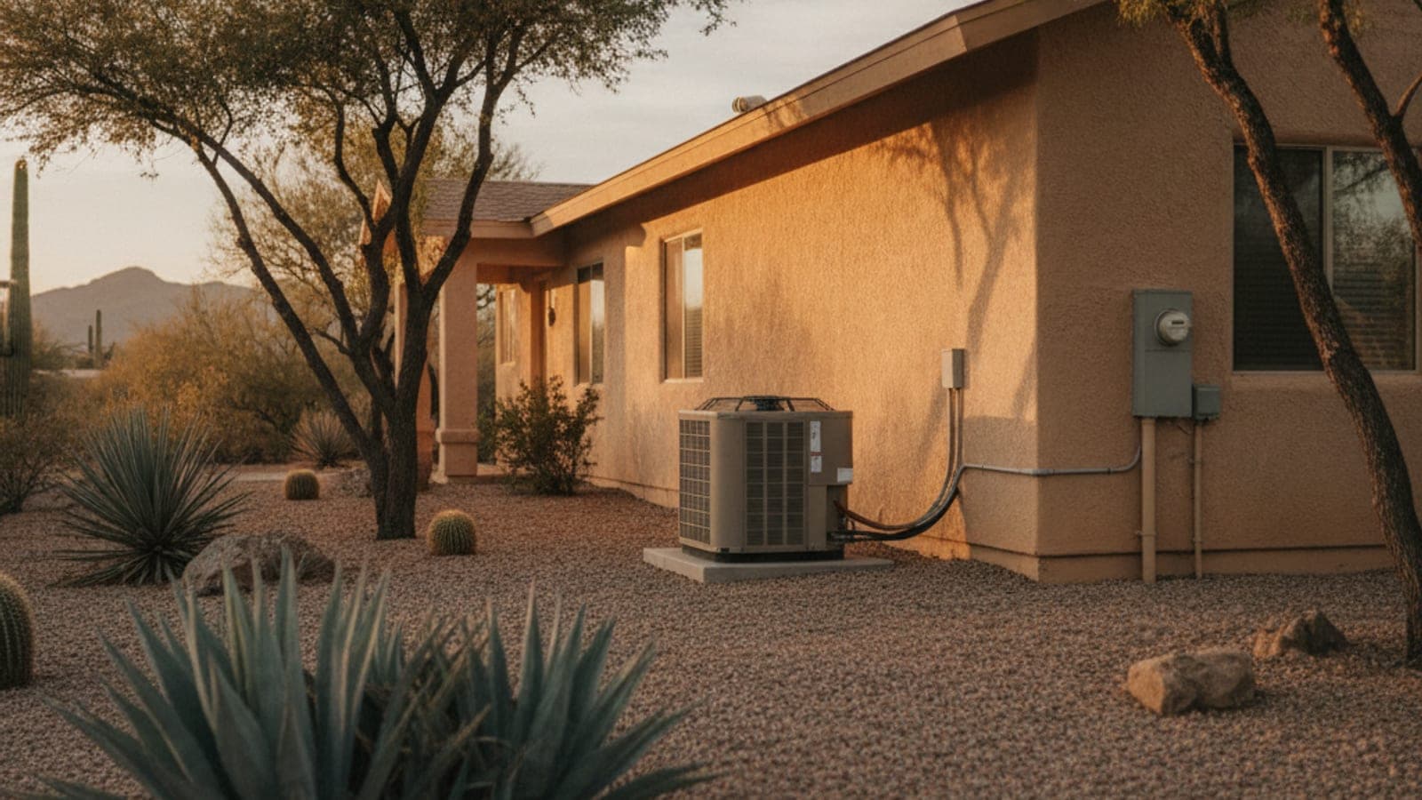 Single-story 2,000 square foot stucco home in Tucson with a ground-level AC condenser, desert landscaping and mesquite tree