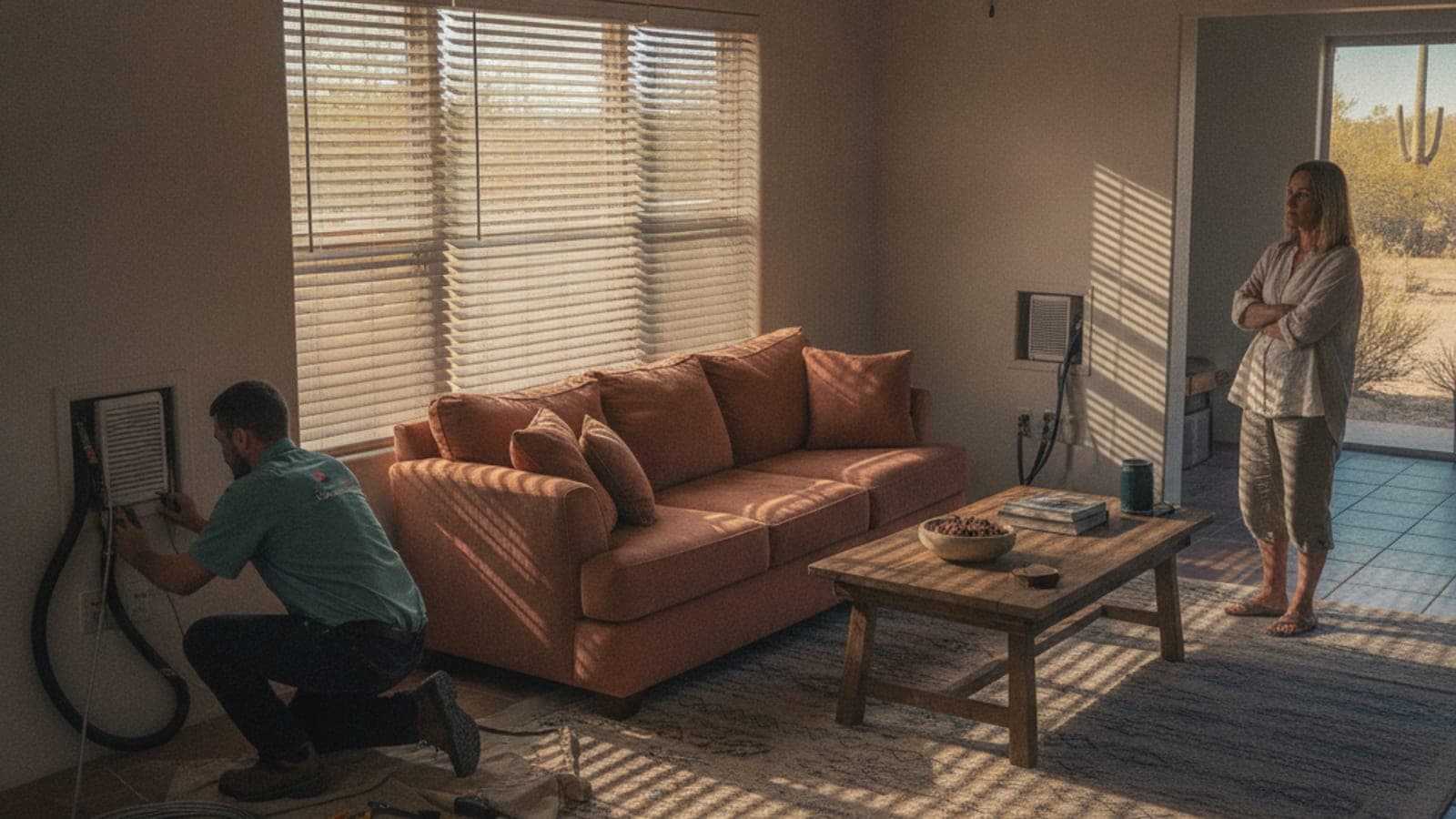 Closed blinds and a fan in a shaded living room of a stucco home in Tucson under strong desert sun