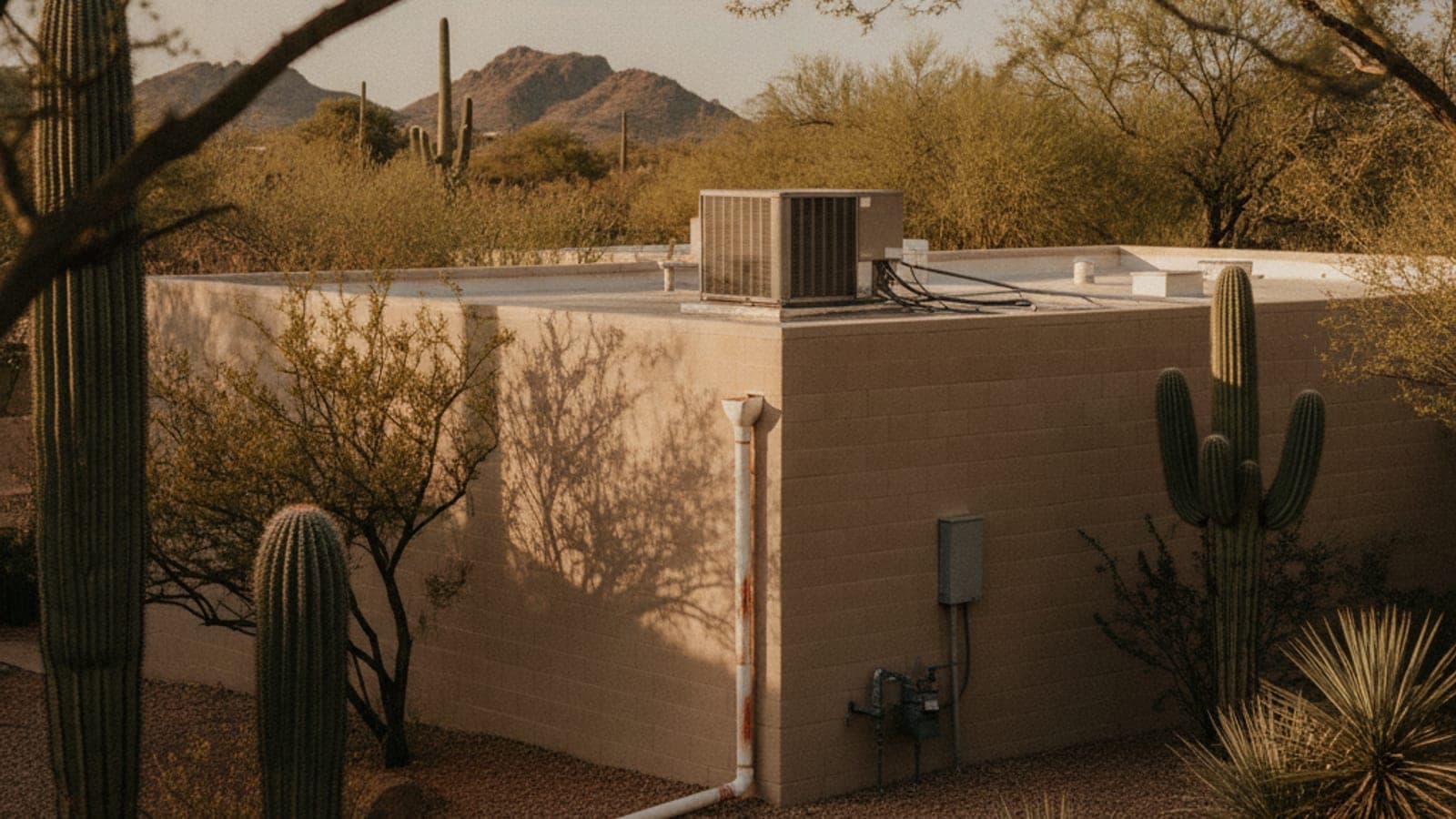 Flat-roof stucco home with a rooftop package AC unit and a short condensate pipe, saguaro in the foreground under hard desert light