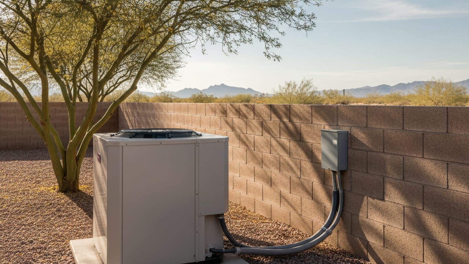 Outdoor AC condenser with a still fan on a gravel pad beside a block wall in Tucson under strong sun