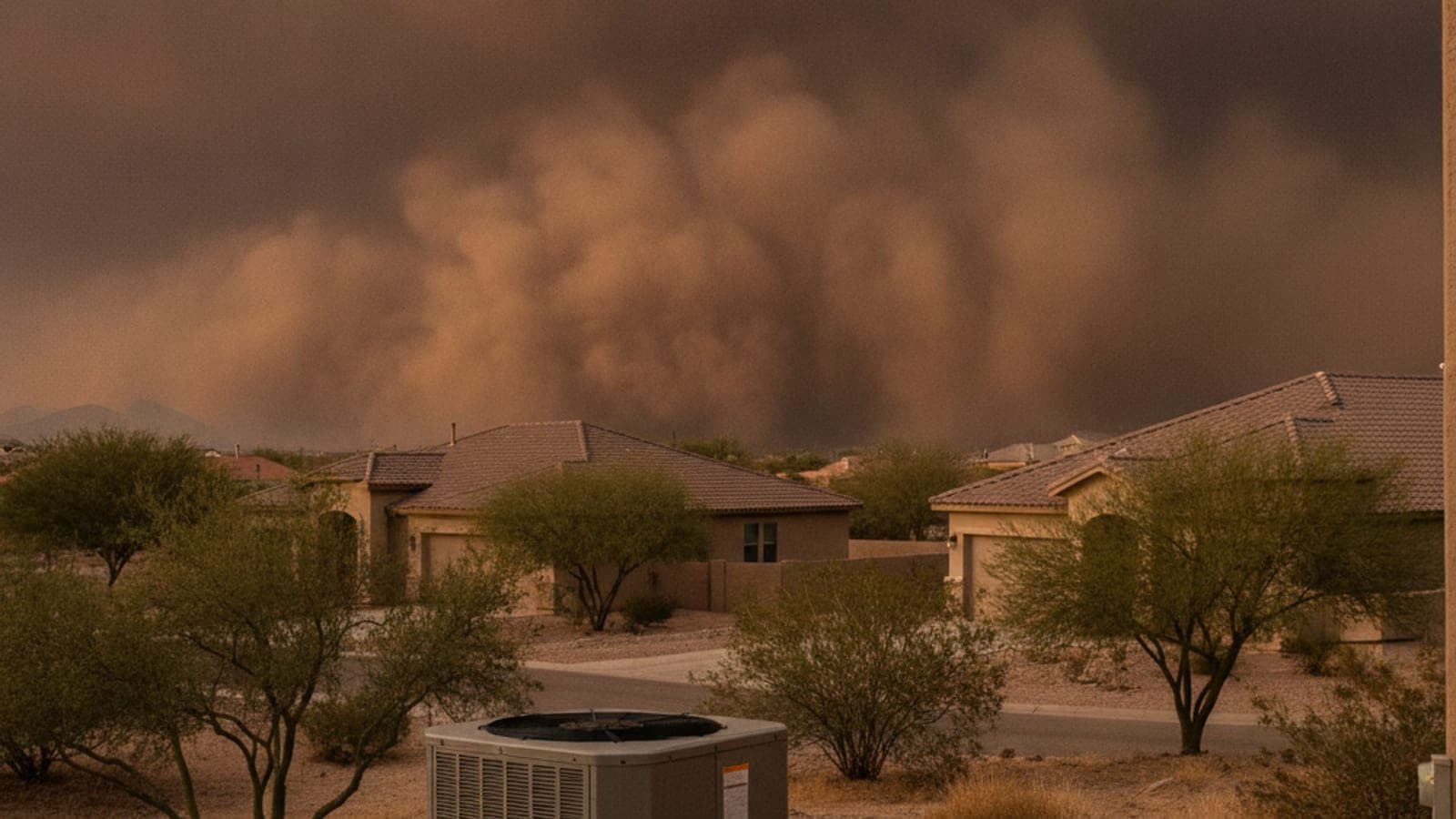 Brown dust wall rolling toward a Tucson neighborhood of stucco homes at dusk, palo verde trees and an outdoor AC unit in the foreground
