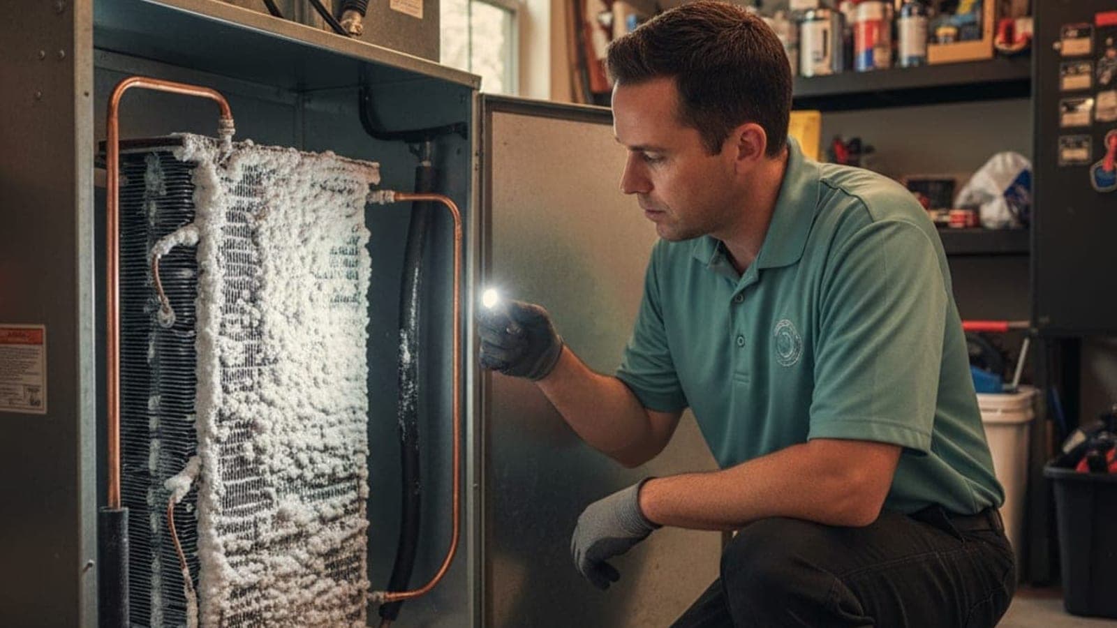 A technician with a flashlight inspecting an ice-covered evaporator coil inside an open air handler