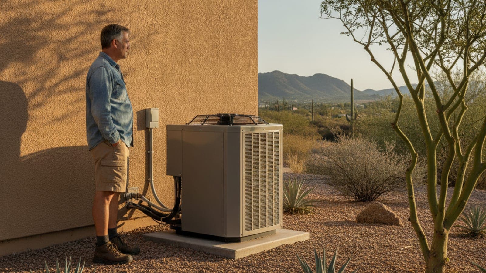 Homeowner listening near an outdoor AC condenser at a Tucson stucco home with desert landscaping and gravel in morning light