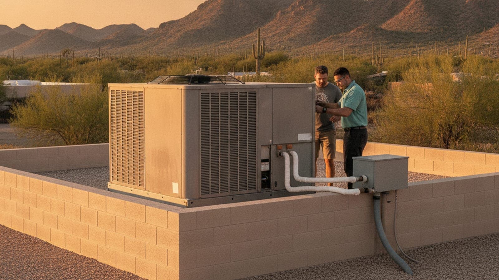 Rooftop package air conditioner on a flat roof of a block home in Tucson at golden hour with desert mountains behind