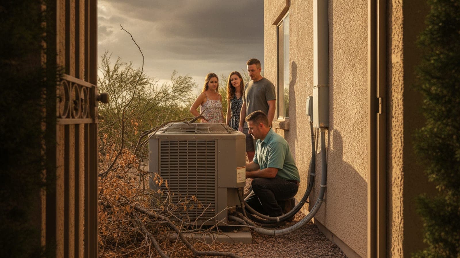 Ground-set AC condenser unit at a Tucson home with dust and mesquite pods around the pad after a monsoon wind