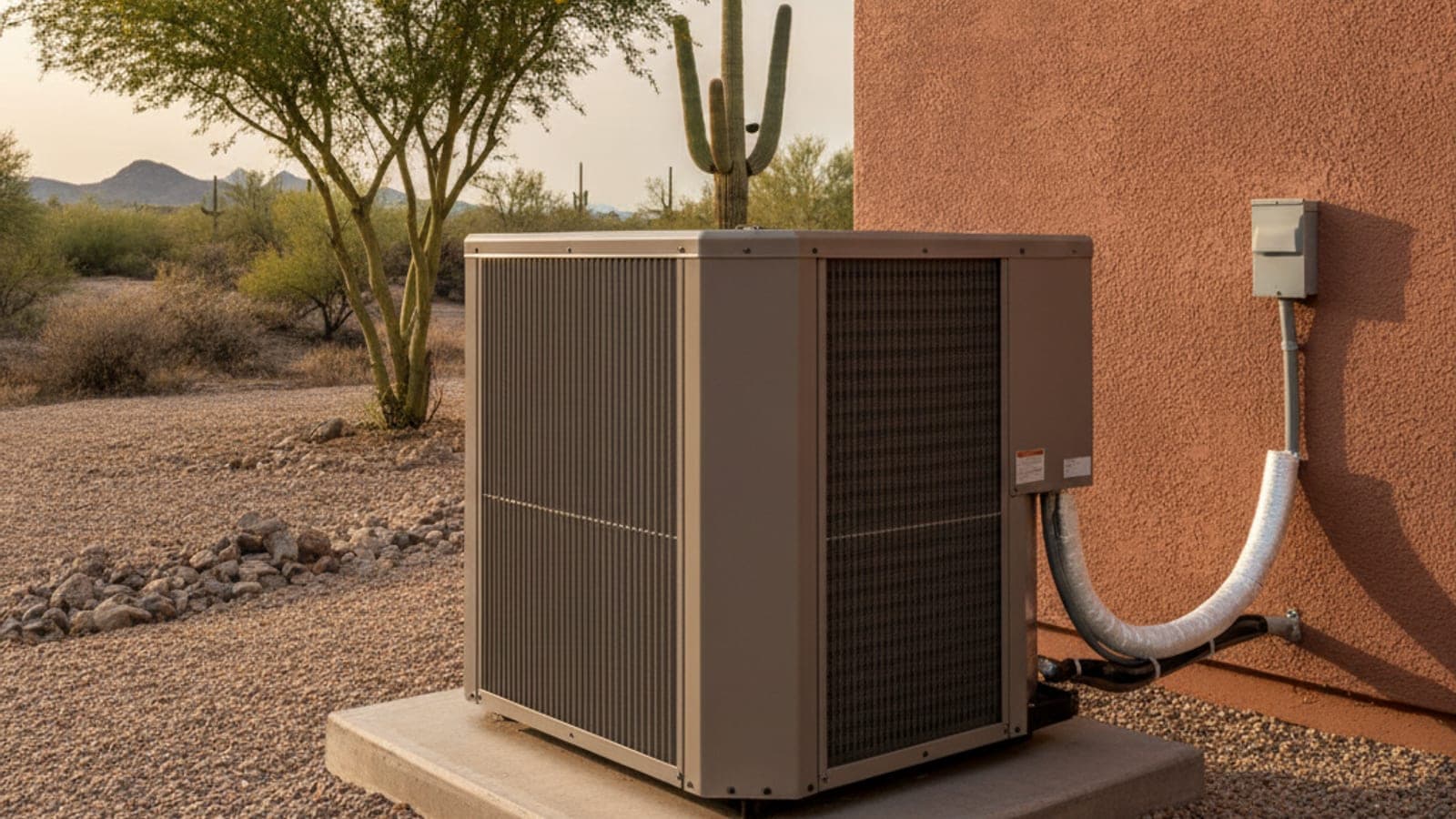 Outdoor AC condenser beside a flat-roofed stucco home in Tucson under a hard blue desert sky, palo verde tree nearby