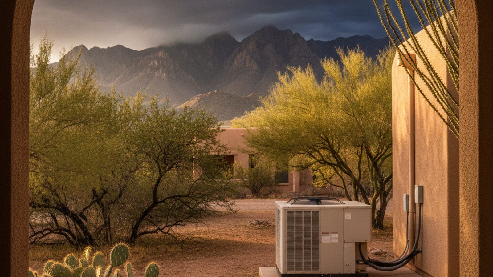 Dark monsoon storm clouds over a Tucson stucco home with an outdoor AC unit and mesquite tree in the yard