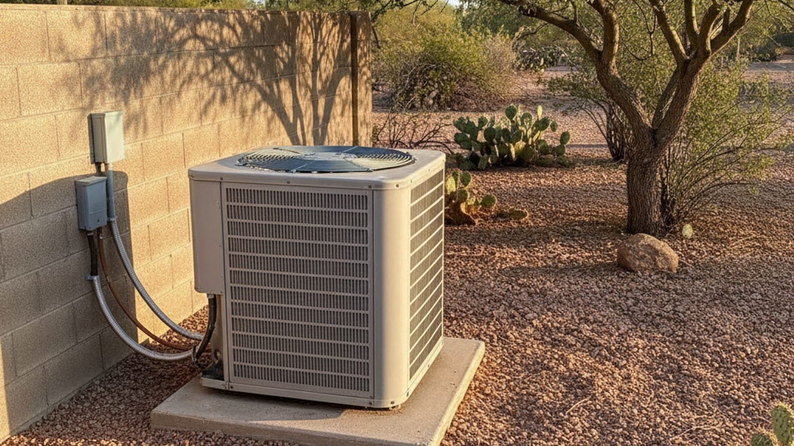 Outdoor AC condenser beside a block wall with a mesquite tree in Tucson desert light
