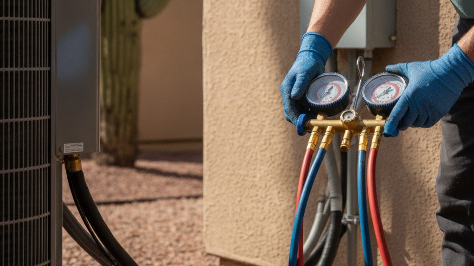Technician's gloved hands and a gauge set at an outdoor AC unit on a Tucson home with a gravel yard and saguaro