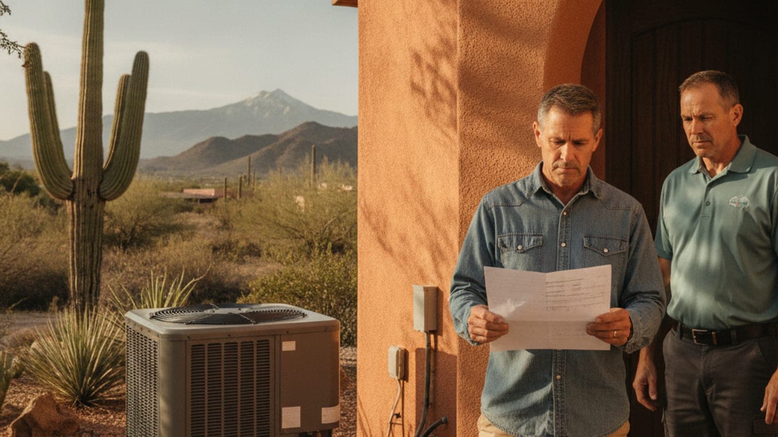 Homeowner reading a repair estimate at the front door of a Tucson stucco home in bright afternoon sun