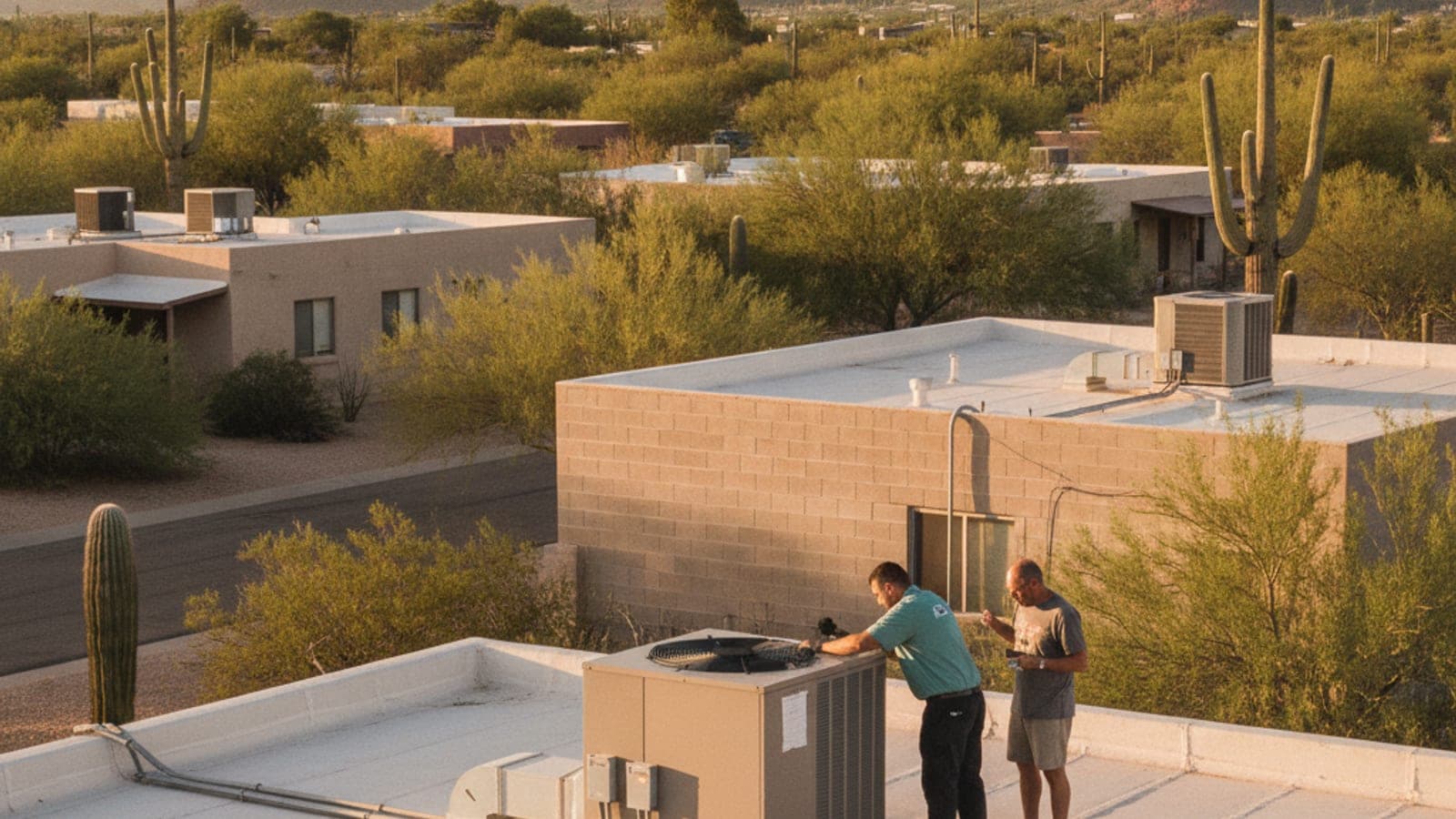 Aerial-style view of a Tucson neighborhood with flat roofs, rooftop AC units and the Catalina Mountains in the distance