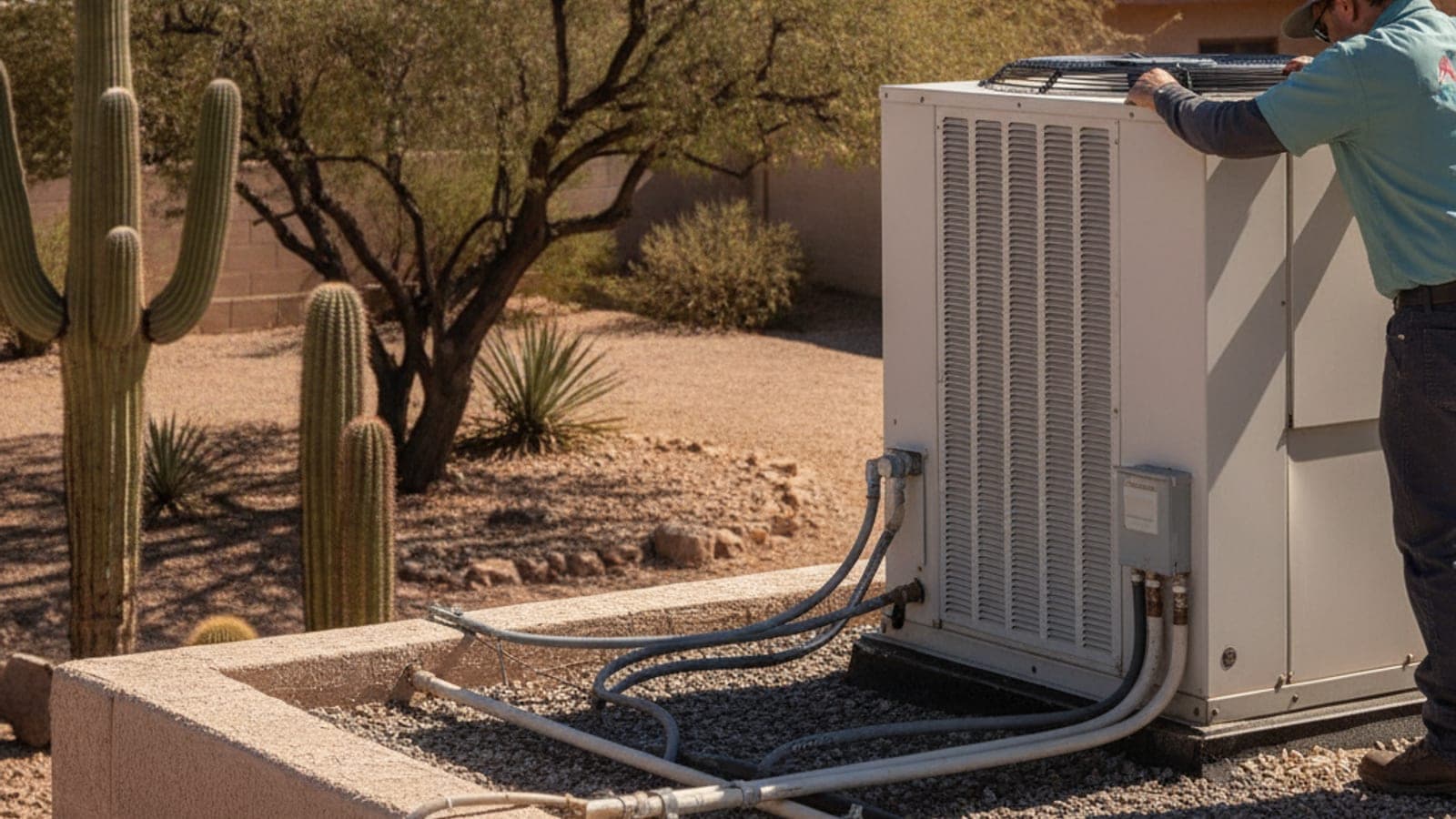 Flat-roof Tucson home with a rooftop package AC unit under strong afternoon sun and mesquite tree nearby