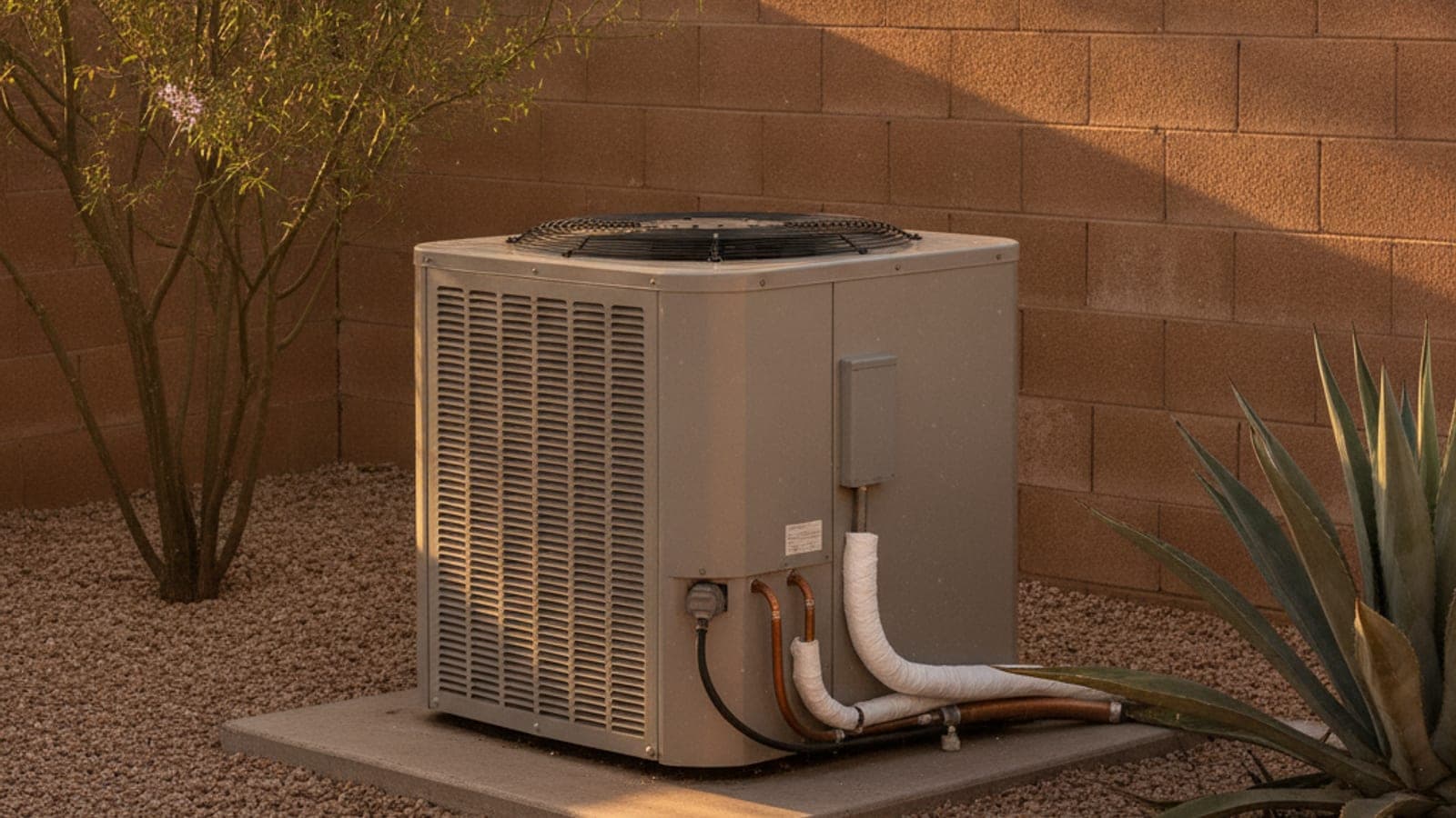 Outdoor AC condenser beside a block wall in a Tucson backyard with gravel and a desert willow