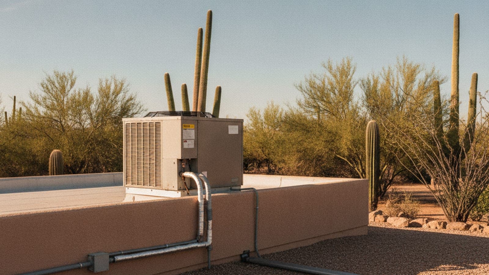 A rooftop AC unit on a flat Tucson roof under bright sun with mesquite trees below