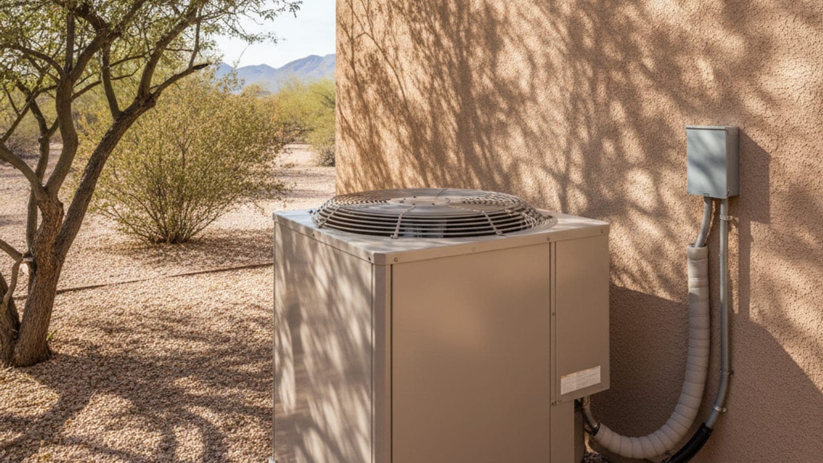Outdoor AC condenser beside a stucco wall in Tucson with a gravel yard and a mesquite tree