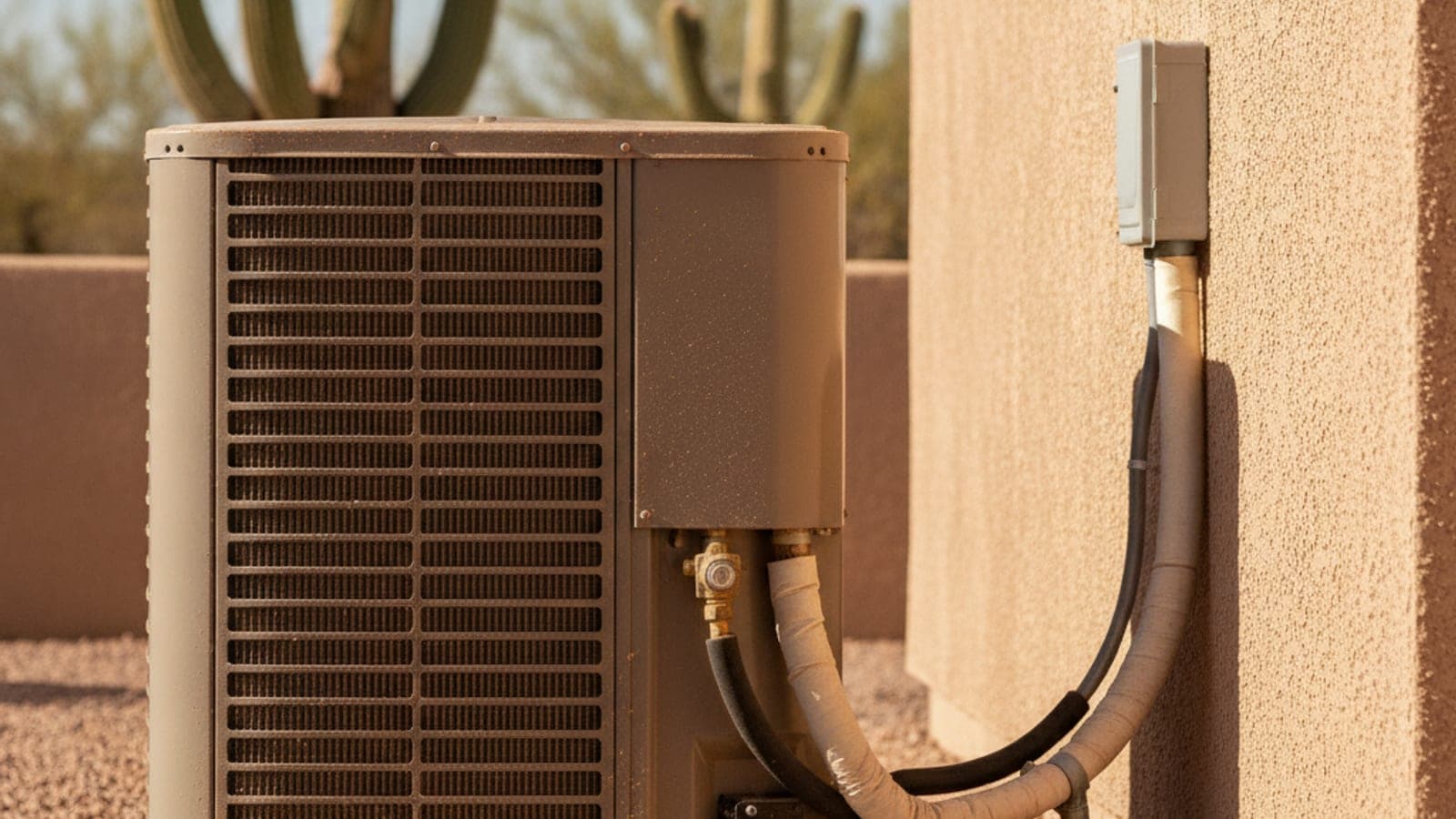 Outdoor AC condenser at a Tucson home with dusty fins and a saguaro in the background