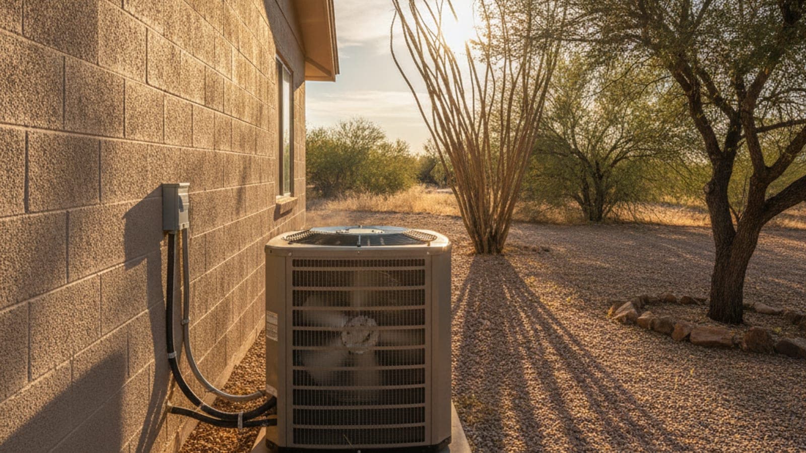 Outdoor AC condenser fan spinning in strong afternoon sun beside a block wall at a Tucson home with gravel landscaping