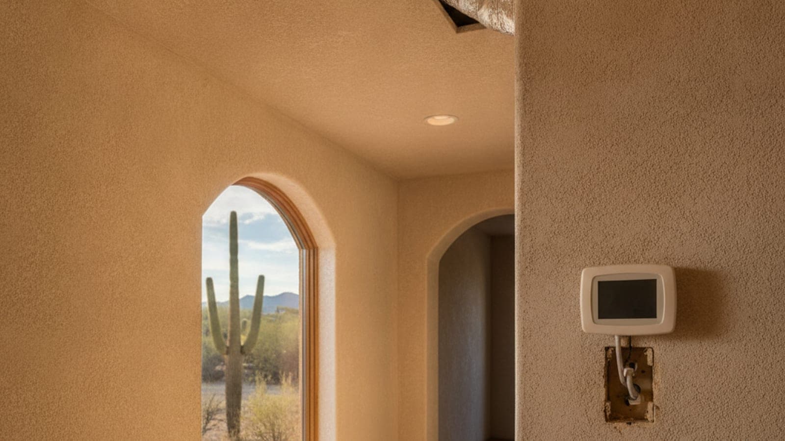 Tucson hallway with a ceiling supply register and a wall thermostat panel, bright desert light from a side window