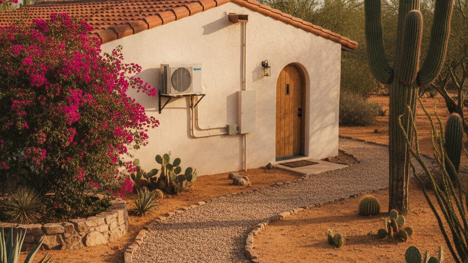 Casita with a small outdoor mini split condenser on a wall bracket, gravel path, bougainvillea and saguaro in desert light