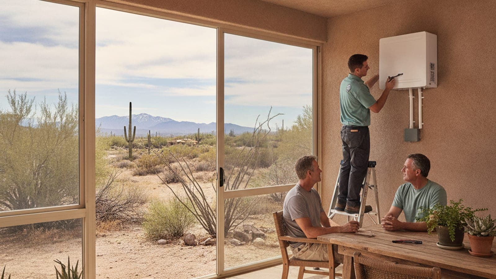 Enclosed Arizona room with large glass doors on a stucco Tucson home and a wall-mounted mini split inside