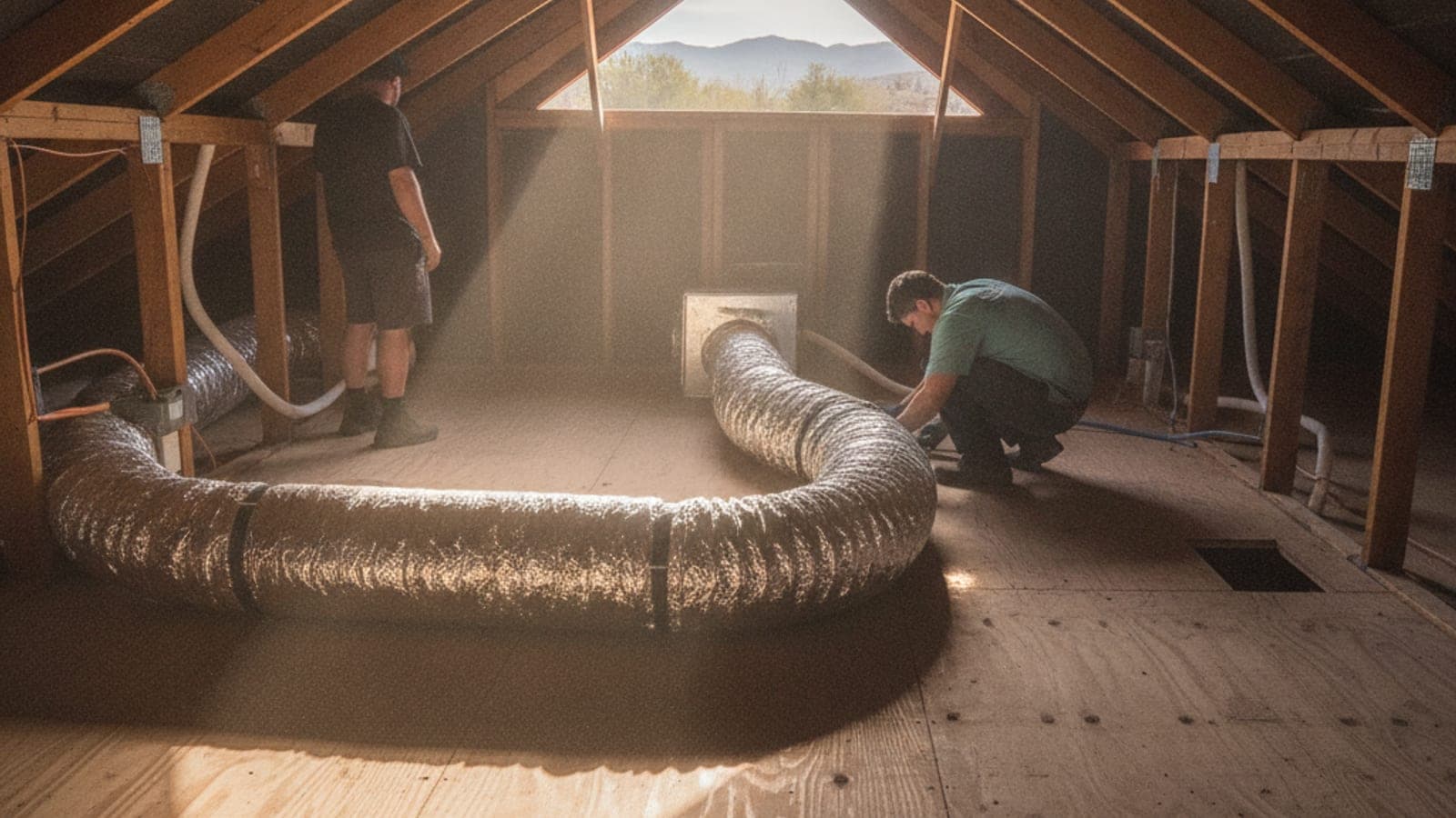 Insulated flexible duct run across a Tucson attic floor under a sun-heated roof deck, dusty beams and soft light from a vent