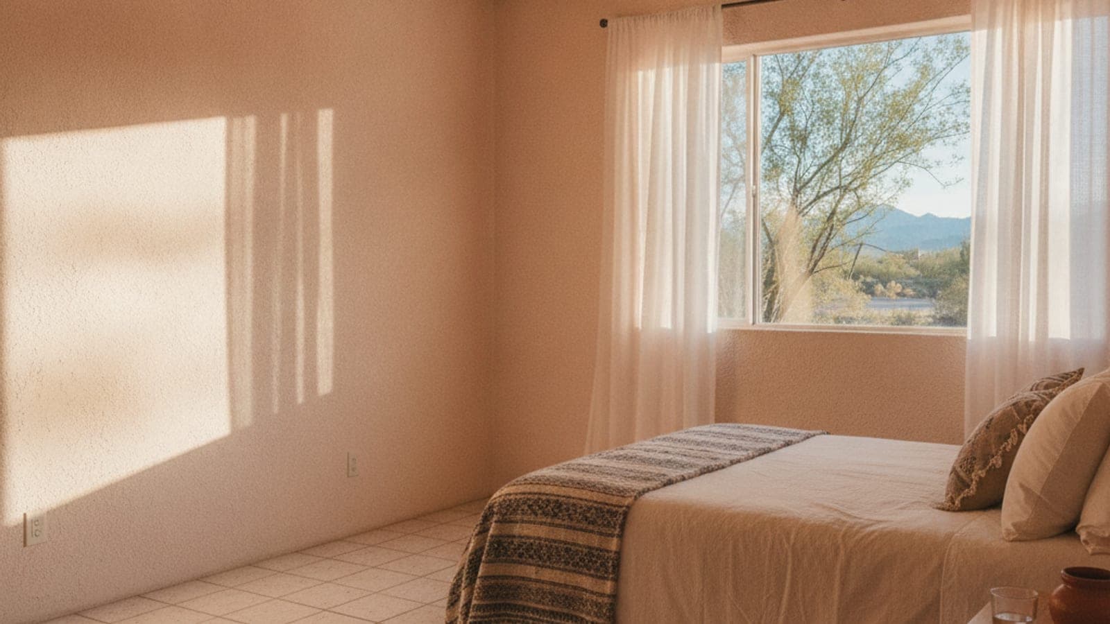 A sunlit Tucson bedroom with a west window, light curtains and a ceiling fan, warm desert light on the wall