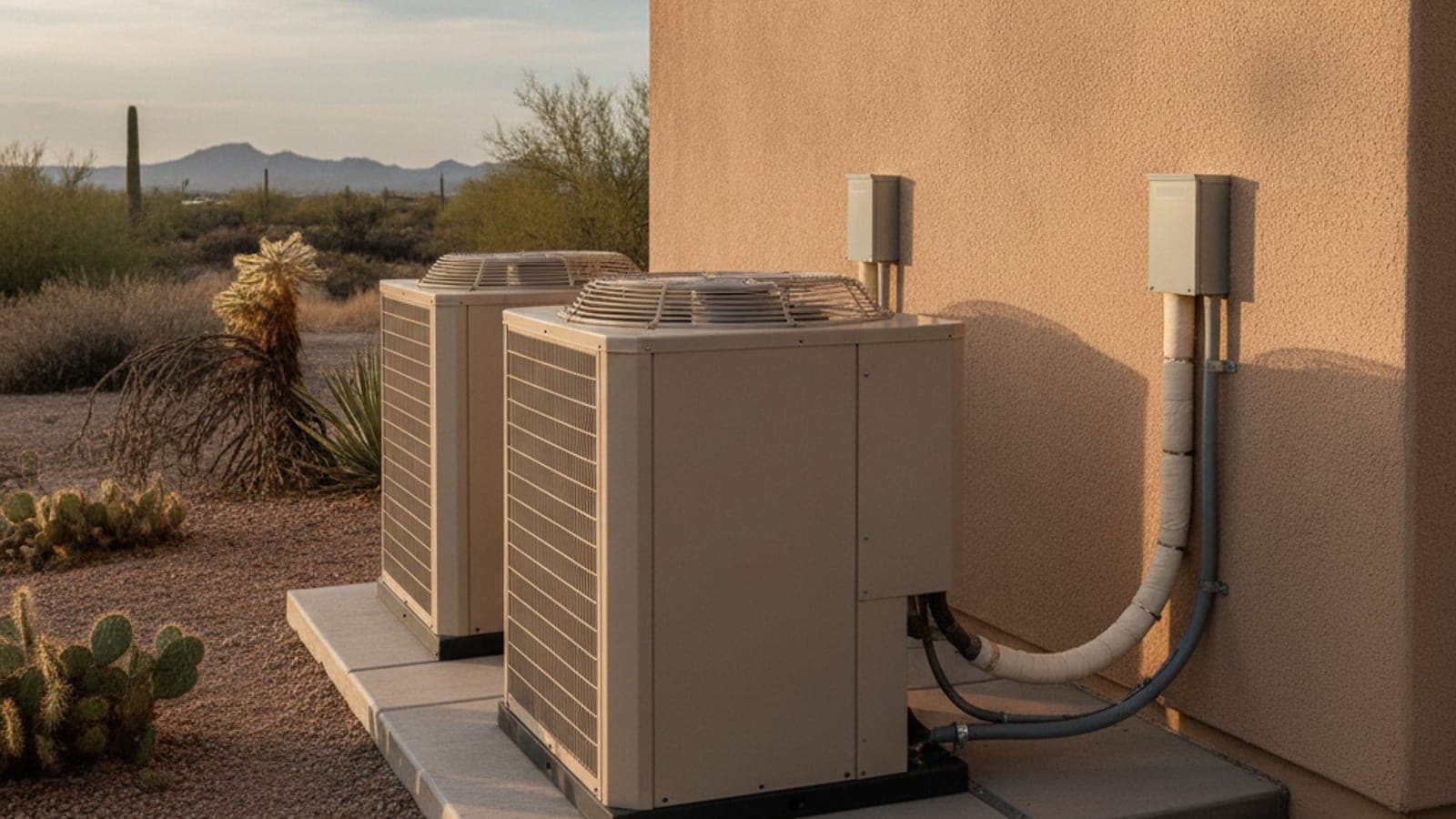 Two outdoor AC condensers side by side on a pad beside a stucco home in Tucson desert sun