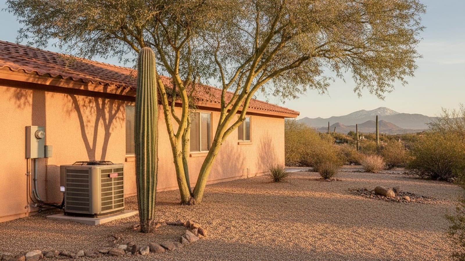 Stucco home in Tucson at golden hour with a ground-set AC condenser beside a saguaro and a palo verde tree