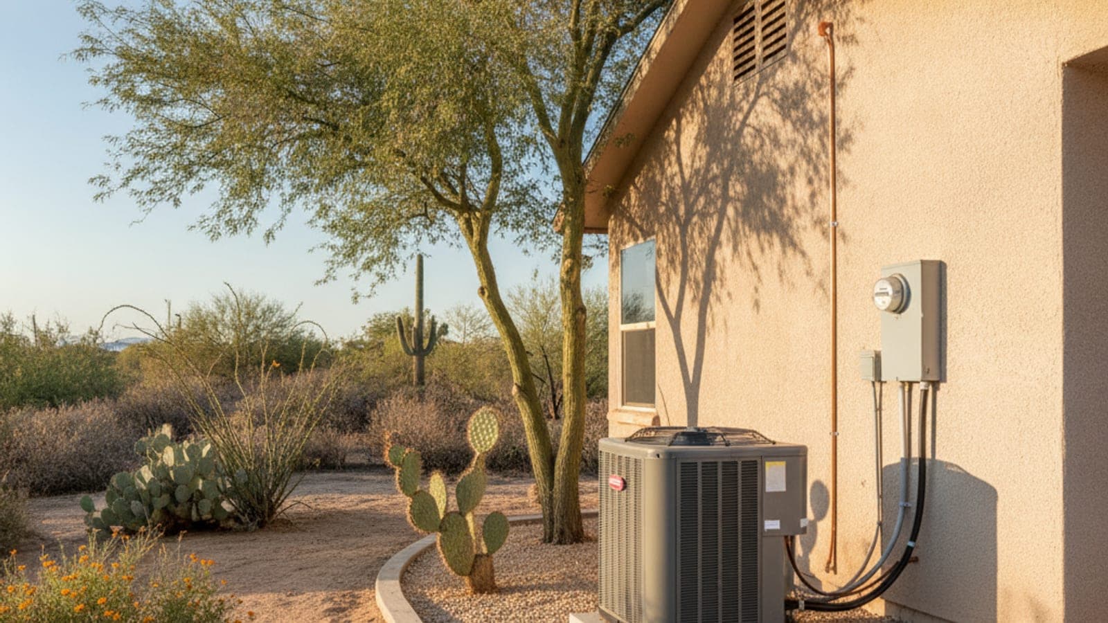A stucco home with a new outdoor AC unit beside a palo verde tree in soft Sonoran morning light