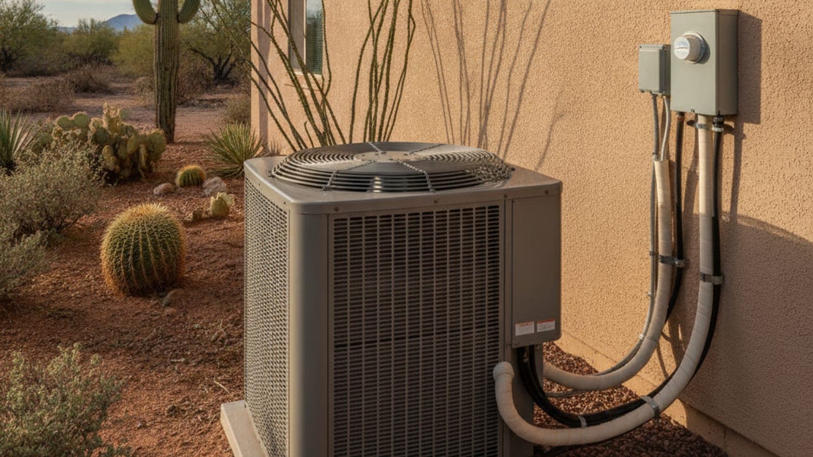 Ground-level AC condenser beside the side wall of a stucco tract home in a Marana neighborhood with desert landscaping