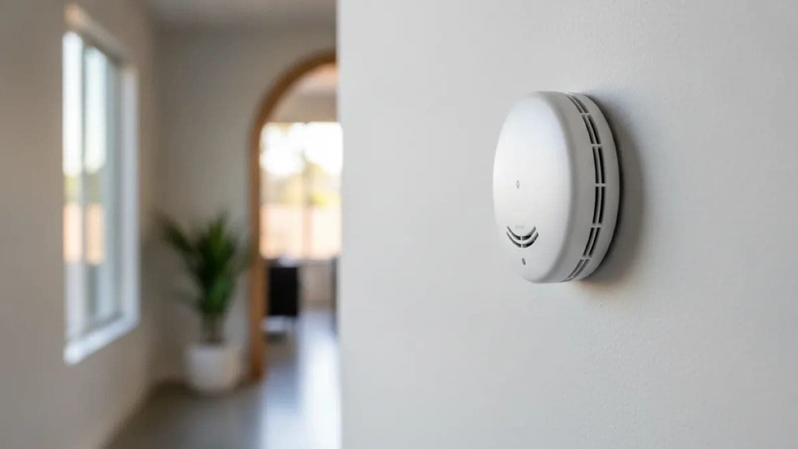 A white alarm mounted on a hallway wall near an arched doorway