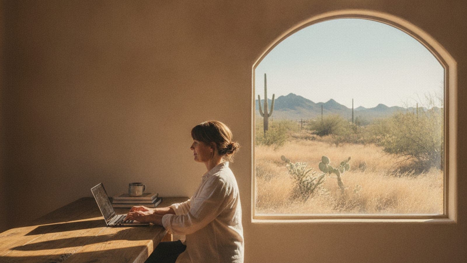 Homeowner checking a contractor's license on a laptop at a kitchen table in a Tucson stucco home