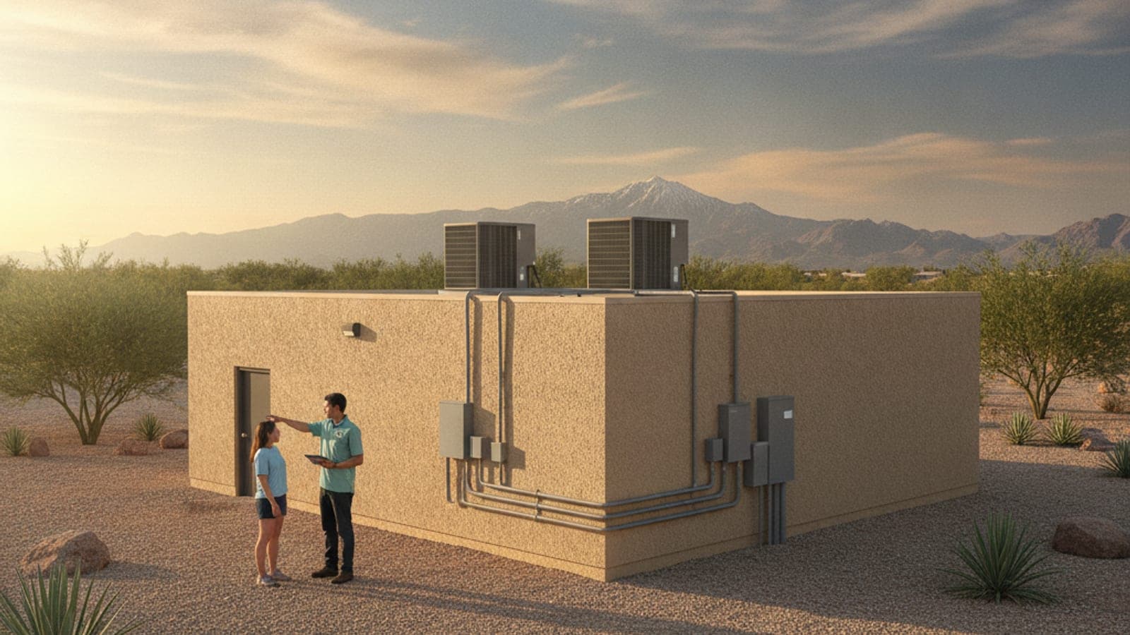Small Tucson commercial building with a flat roof and rooftop HVAC units under a bright desert sky