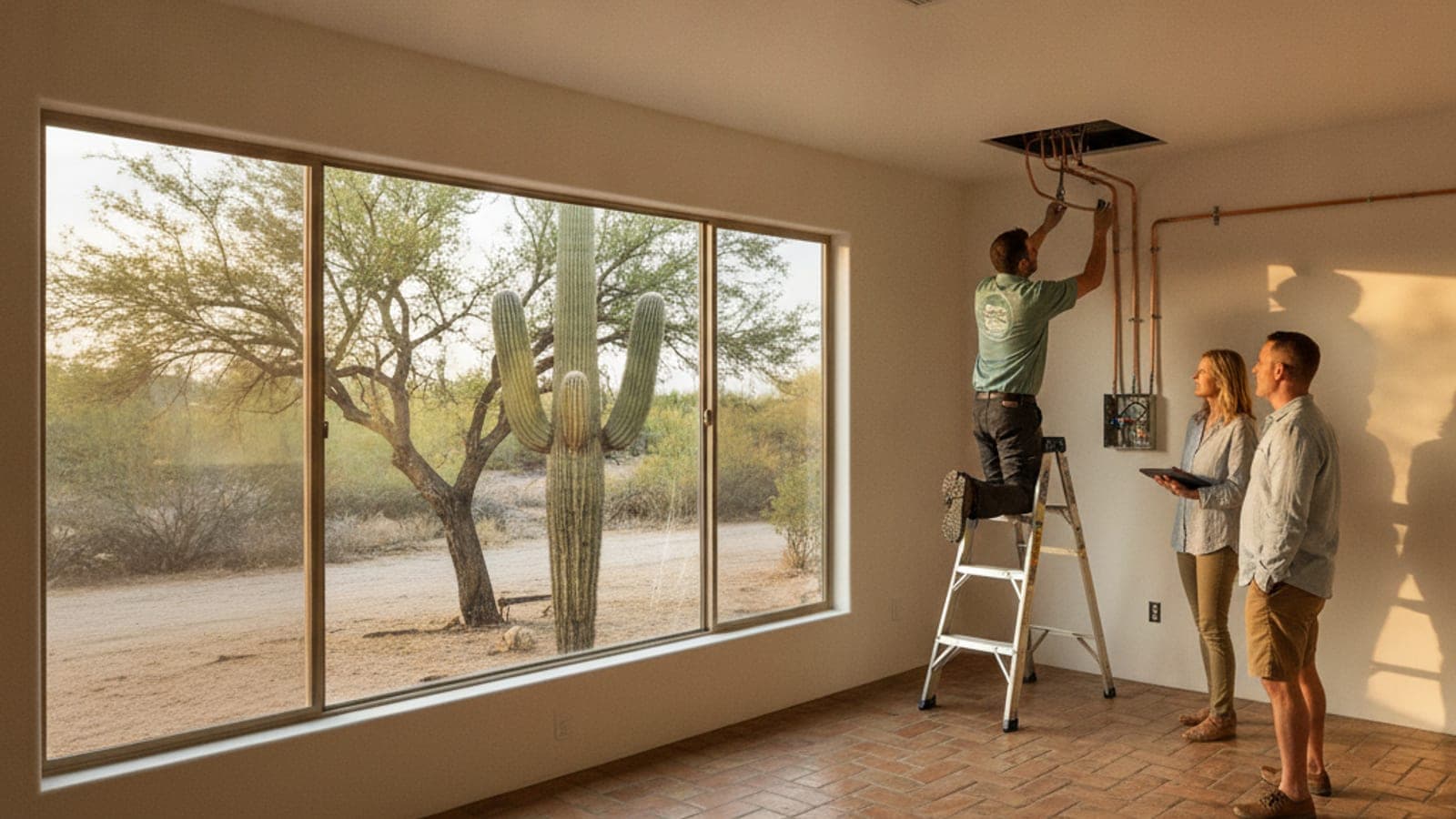Remodeled Tucson living room with a flat ceiling and a slim supply grille, desert light through a large window