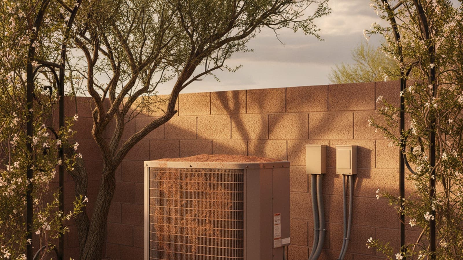 Dusty outdoor AC condenser coil beside a block wall in a Tucson yard with a mesquite tree and low monsoon light