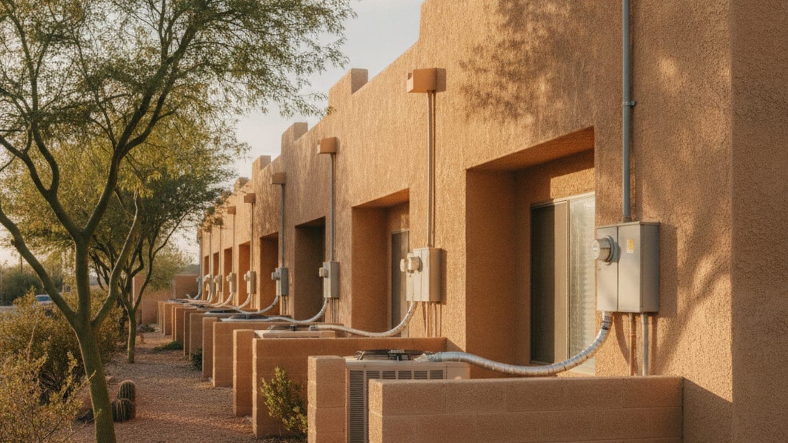 Stucco townhouse row in Tucson with rooftop equipment screened behind parapet walls and a palo verde tree