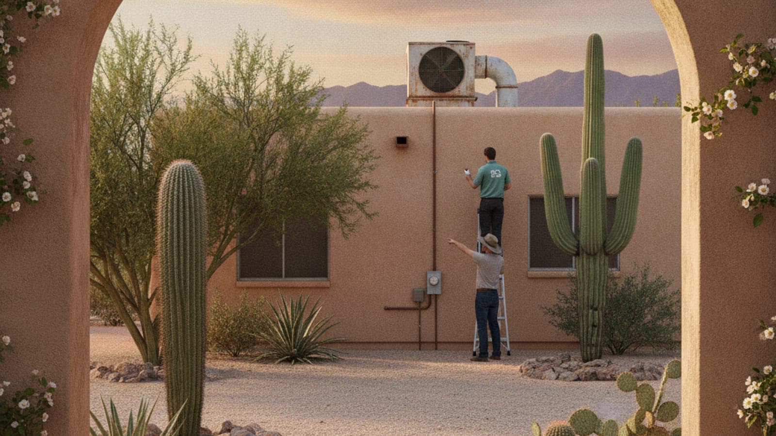 Flat-roofed Tucson stucco home with a roof-mounted evaporative cooler beside a ground-level AC condenser and a mesquite tree