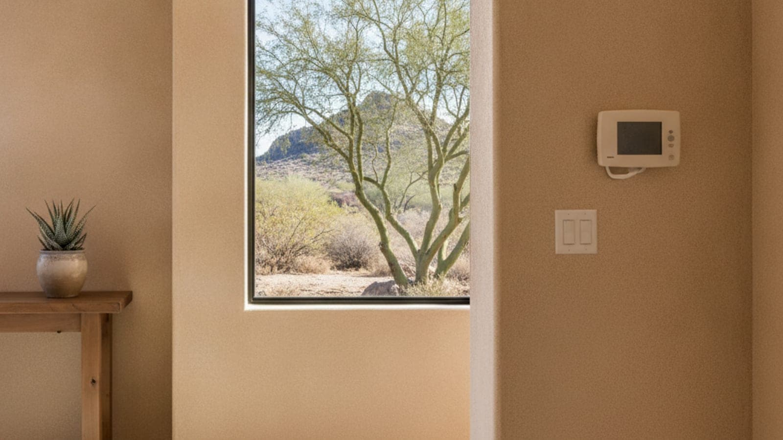 Tucson homeowner reading a thermostat in a bright kitchen with desert light coming through a window