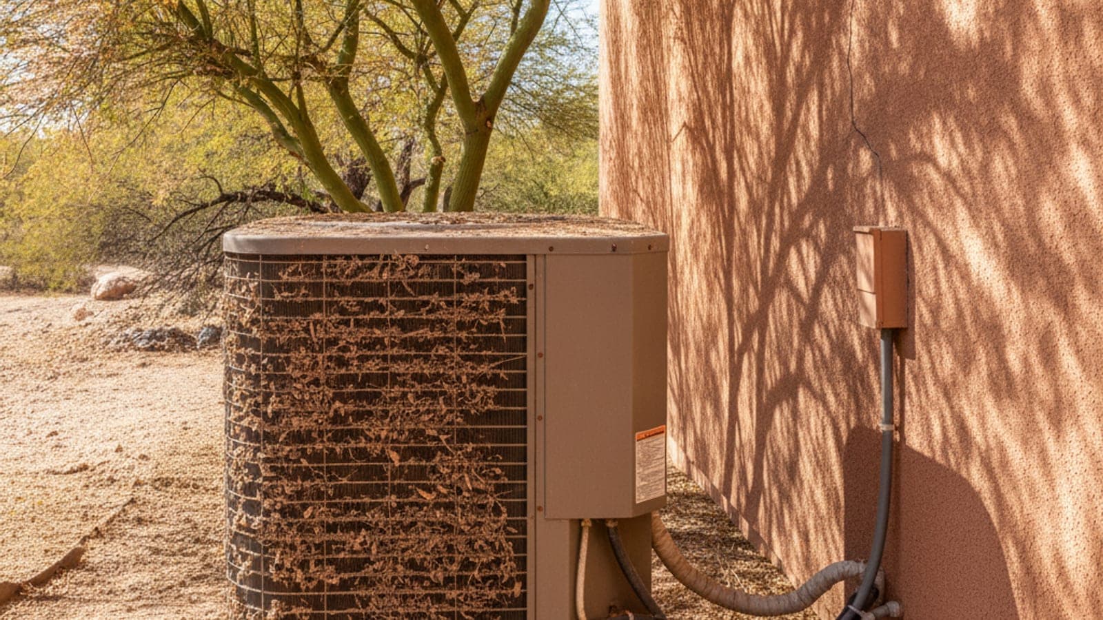 Dusty outdoor AC condenser coil beside a Tucson stucco wall with a ladder and palo verde tree